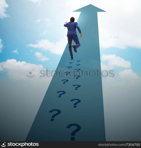 Businessman walking away on question footpath