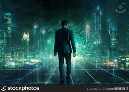 Businessman walking futuristic city. Digital smart modern. Generate Ai. Businessman walking futuristic city. Generate Ai