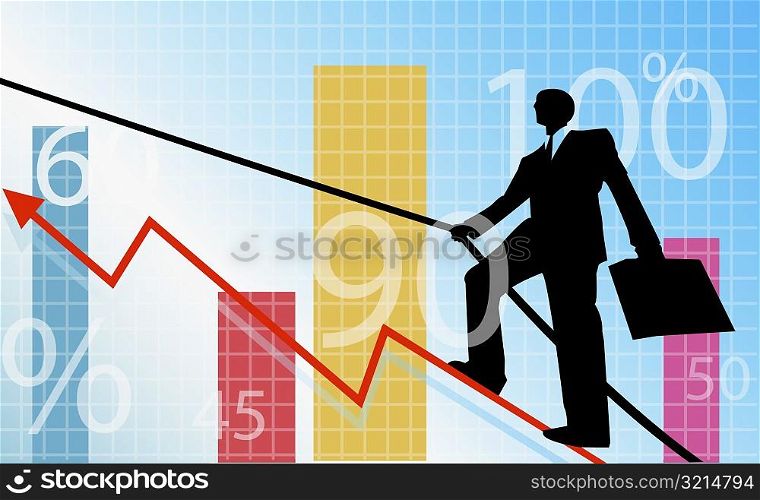 Businessman walking on a line graph with the help of a rope