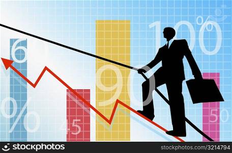 Businessman walking on a line graph with the help of a rope