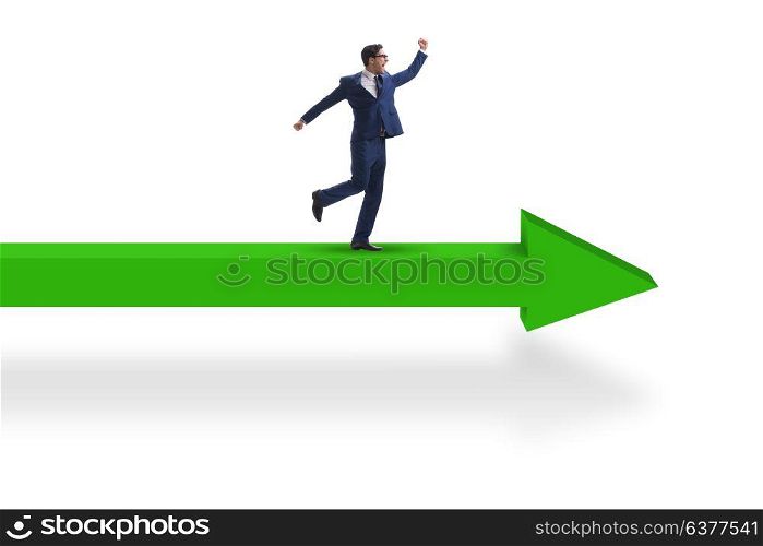 Businessman walking on arrow isolated on white background