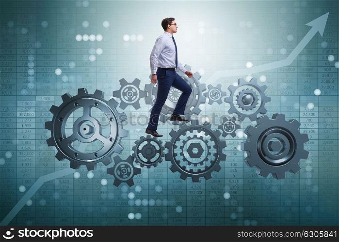 Businessman walking on cogwheels in teamwork concept