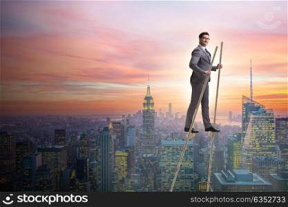 Businessman walking on stilts - standing out from the crowd
