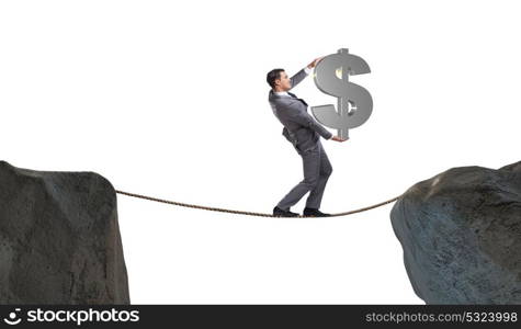 Businessman walking on tight rop in business concept