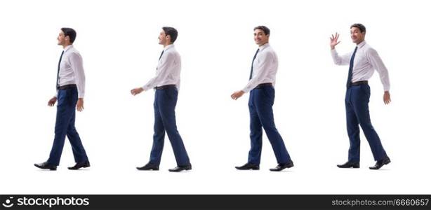 Businessman walking standing side view isolated on white background. Businessman walking standing side view isolated on white backgro