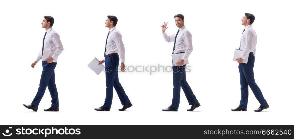 Businessman walking standing side view isolated on white background. Businessman walking standing side view isolated on white backgro
