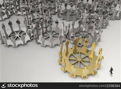 businessman walking to 3d figures on connected cogs as leadership concept