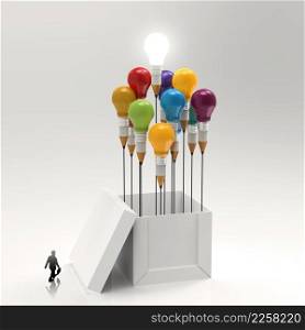 businessman  walking to 3d pencil and light bulb concept outside the box as creative and leadership concept 