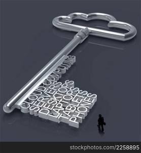 businessman walking to Cloud computing diagram with metallic cloud and the key as concept