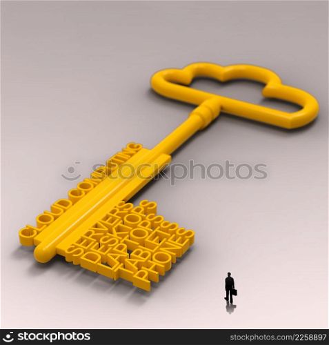 businessman walking to Cloud computing diagram with metallic cloud and the key as concept