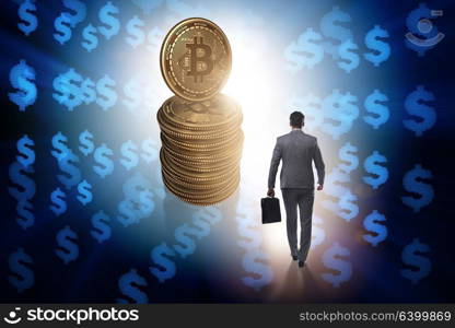 Businessman walking towards bitcoins in cryptocurrency blockchain concept. Businessman walking towards bitcoins in cryptocurrency blockchai