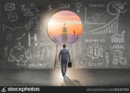 Businessman walking towards keyhole in business concept