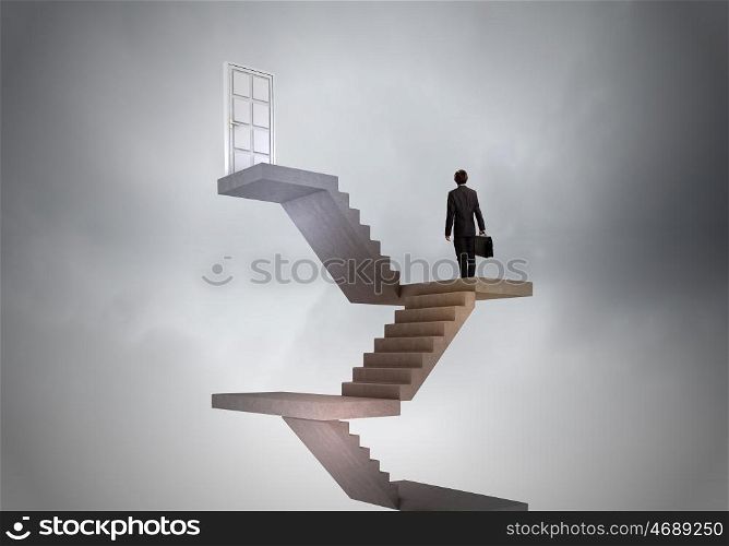 Businessman walking up staircase to door in sky. Way to success