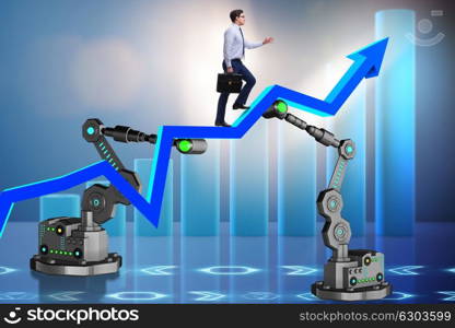 Businessman walking up the chart supported by robotic arm