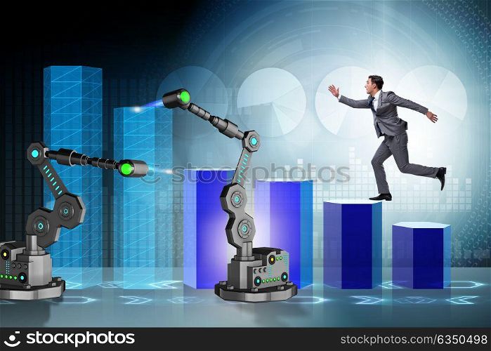 Businessman walking up the chart supported by robotic arm