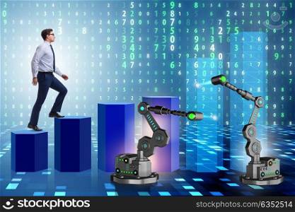 Businessman walking up the chart supported by robotic arm