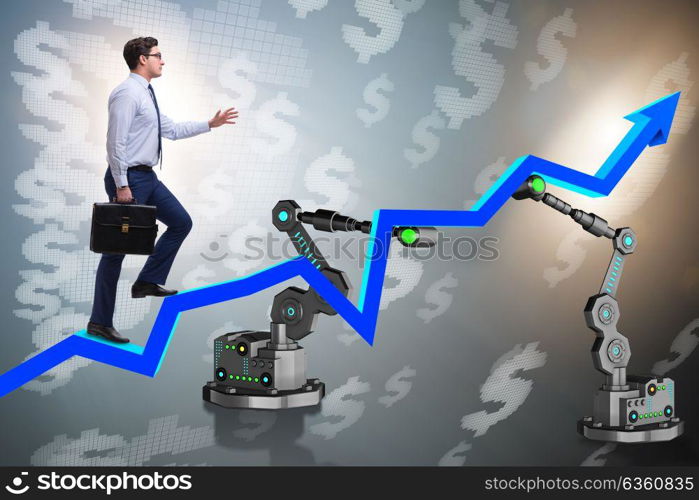 Businessman walking up the chart supported by robotic arm