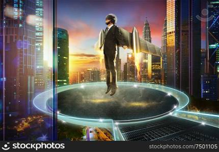 Businessman wear a rocket suit to lift , round stage floating with city skyline background , Business start up success concept .