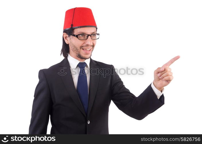 Businessman wearing fez hat isolated on white