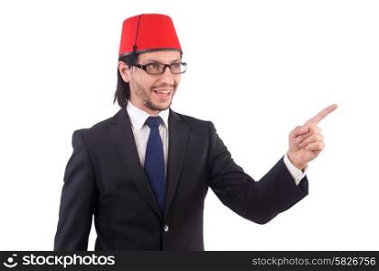 Businessman wearing fez hat isolated on white