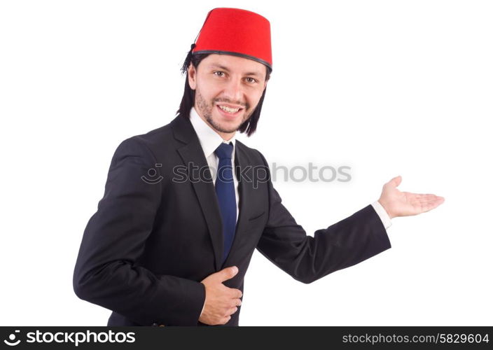 Businessman wearing fez hat isolated on white