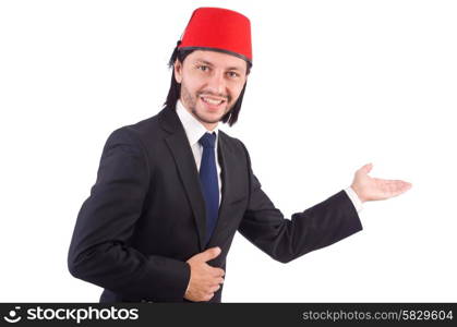 Businessman wearing fez hat isolated on white