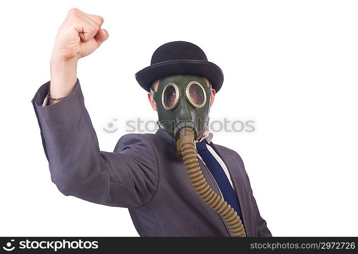 Businessman wearing gas mask isolated on white