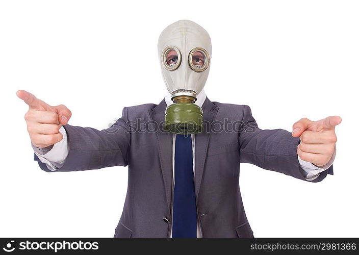 Businessman wearing gas mask isolated on white