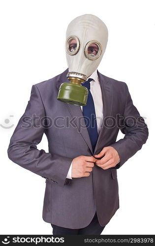 Businessman wearing gas mask isolated on white