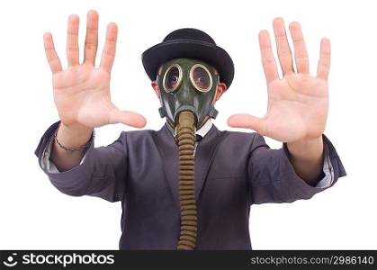 Businessman wearing gas mask isolated on white