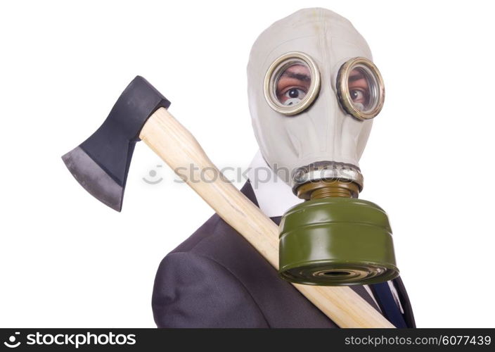 Businessman wearing gas mask isolated on white