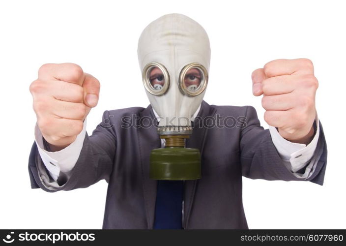 Businessman wearing gas mask isolated on white