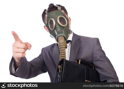 Businessman wearing gas mask isolated on white