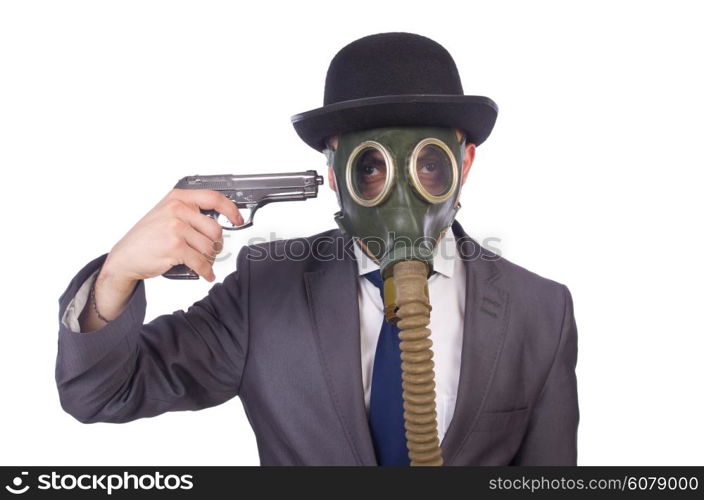 Businessman wearing gas mask isolated on white