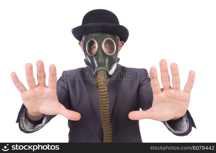 Businessman wearing gas mask isolated on white