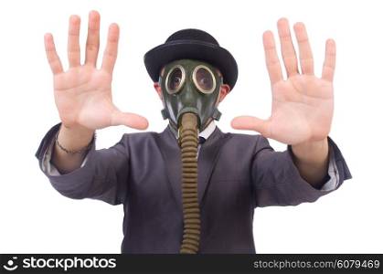 Businessman wearing gas mask isolated on white