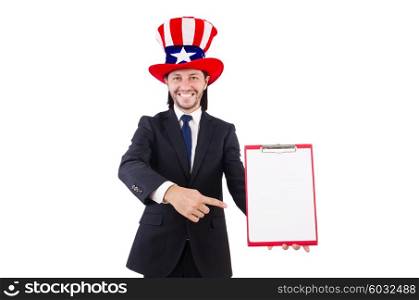 Businessman wearing USA hat with paper on white