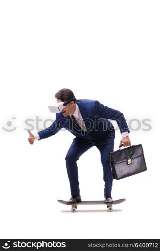Businessman wearing virtual reality glasses riding skateboard on white. Businessman wearing virtual reality glasses riding skateboard on