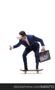 Businessman wearing virtual reality glasses riding skateboard on white. Businessman wearing virtual reality glasses riding skateboard on