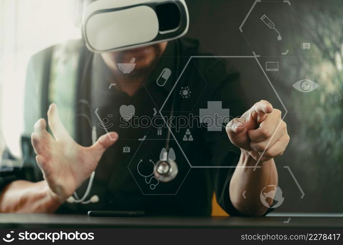 businessman wearing virtual reality goggles in modern office with mobile phone using with VR headset with screen icon diagram