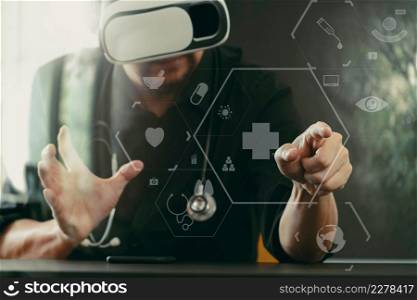 businessman wearing virtual reality goggles in modern office with mobile phone using with VR headset with screen icon diagram