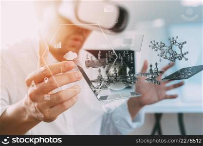 businessman wearing virtual reality goggles in modern office with mobile phone using with VR headset with all technology world network diagram