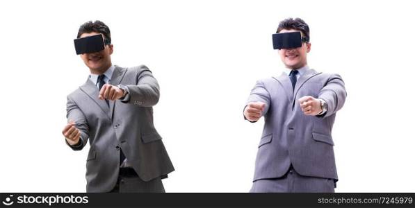 Businessman wearing virtual reality VR glasses isolated. Businessman wearing virtual reality VR glasses isolated on white