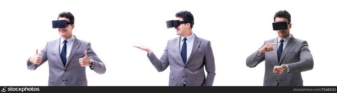 Businessman wearing virtual reality VR glasses isolated. Businessman wearing virtual reality VR glasses isolated on white