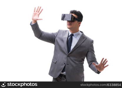 Businessman wearing virtual reality VR glasses isolated on white