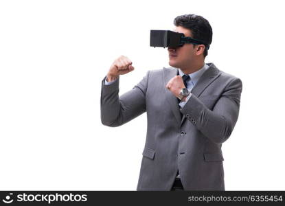 Businessman wearing virtual reality VR glasses isolated on white