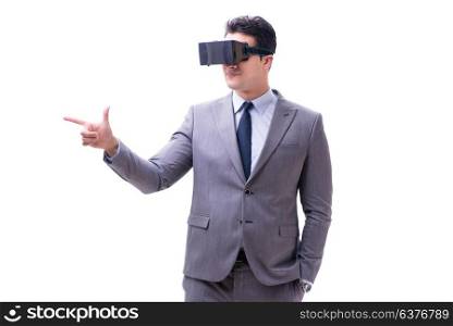 Businessman wearing virtual reality VR glasses isolated on white