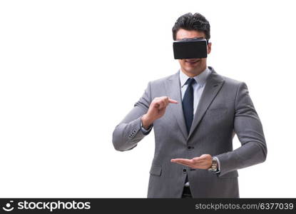 Businessman wearing virtual reality VR glasses isolated on white