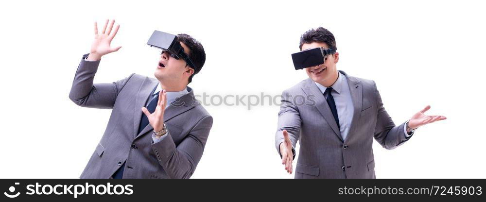 Businessman wearing virtual reality VR glasses isolated on white . Businessman wearing virtual reality VR glasses isolated on white