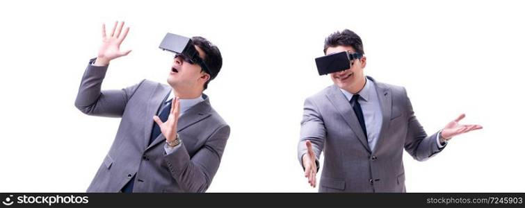 Businessman wearing virtual reality VR glasses isolated on white . Businessman wearing virtual reality VR glasses isolated on white
